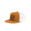 Brown and white cap with a logo on a white background