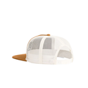Trucker hat with brown visor and white mesh back on a white background