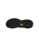 The black rubber outsole of a hiking boot, showing deep lugs and a small yellow Vibram logo on the heel, isolated on a white background.