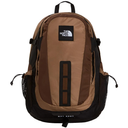 The North Face Rot Shot backpack in brown and black, featuring a front zippered pocket, mesh side pockets, and a black logo patch on a white background.