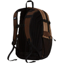 The front view of a black and brown technical backpack, showing the padded shoulder straps, mesh back panel, side compression straps, and a mesh side pocket, on a solid white background.