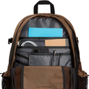 Open brown and gray backpack showing interior organization with front mesh pockets, zip compartments, and storage slots holding a blue notebook, white cable, tan card, and a smartphone.