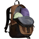 A brown and black hiking backpack shown open with its front flap unzipped, revealing a light green beanie and a purple rolled mat inside. The backpack has a side mesh pocket and a top carry handle, photographed on a solid white background.