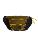 The North Face waist bag in olive green and black with bright yellow trim and zipper pulls, shown against a plain white background.
