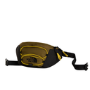The North Face belt bag in olive green and black with bright yellow accents, featuring a front zippered pocket and adjustable black webbing strap.