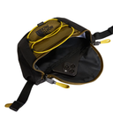 The North Face black and olive green crossbody bag shown open, with a black smartphone inside and a yellow cord loop on the inside, on a white background.