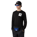 Person wearing a black long-sleeve shirt with a logo, black pants, and a black bucket hat on a white background.