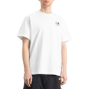 Person wearing a white t-shirt with a logo on a white background