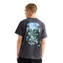 Person wearing a gray t-shirt with a colorful graphic on the back, standing against a white background.