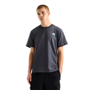 Person wearing a gray t-shirt with a logo on a white background