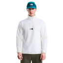 A man wearing a white The North Face quarter-zip fleece pullover, a teal beanie with The North Face logo, and olive green pants, photographed against a solid white background.