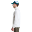 A man in profile wearing a white long-sleeve quarter-zip fleece pullover, a teal and white visor, and olive green pants, set against a solid white background.