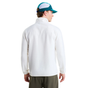 A man wearing a white long-sleeve fleece pullover and a teal and white trucker hat, shown from the back against a plain white background.