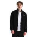 Person wearing a black jacket with a brand logo on a white background