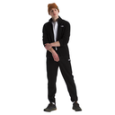 A man modeling a black fleece zip-up jacket and matching black sweatpants, styled with a white t-shirt, brown beanie, and dark sneakers against a plain white background.
