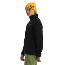Person wearing a black jacket and yellow beanie with a logo on a white background