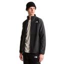 A man wearing a black beanie, a black zip-up fleece jacket by The North Face, a light beige t-shirt, and black pants with a white logo, photographed against a solid white background.