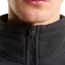Close-up of a person wearing a black fleece zip-up jacket, showing the collar, zipper pull, and lower face against a plain white background.
