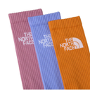 Three pairs of socks in pink, blue, and orange with 'The North Face' logo.