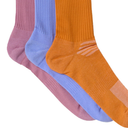 Three pairs of colorful socks in pink, blue, and orange on a white background