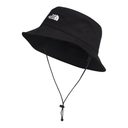 Black bucket hat with a brand logo on a white background