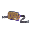 The North Face belt bag in tan and purple with a gray adjustable strap and buckle, shown on a plain white background.