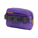 A purple waist bag with a black adjustable webbing strap and buckle, featuring a zippered top and an orange zipper pull, shown on a white background.