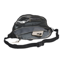 Black waist bag with open compartment on a white background
