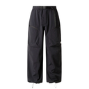 Black wide-leg technical cargo pants with an elastic waist, zippered side pockets, and drawstring ankle cuffs, shown against a plain white background.