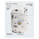 The North Face off-white backpack with various patches and straps, shown with callout lines and text explaining its features like the '16" laptop sleeve' and 'External bungee-compression system'.