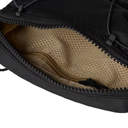 Close-up of a black bag with a brown interior lining.