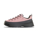 A single low-top hiking shoe in dusty pink suede and black synthetic materials, featuring a chunky black platform sole and black laces, shown from a side profile on a white background.