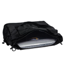 A black nylon duffel bag shown open, displaying its interior storage space with a laptop inside, set against a plain white background.