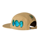 Beige cap with green world map design on a white background