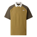Two-tone brown and beige polo shirt with white collar on a white background