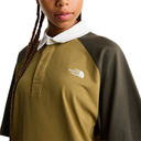 Person wearing a green and brown The North Face shirt with a white collar.
