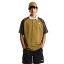 Person wearing a green and brown polo shirt with a cap on a white background