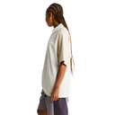 Person wearing a white shirt and gray shorts on a white background