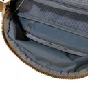 Open bag with blue interior and brown exterior on a white background