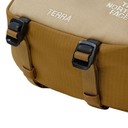 Brown bag with black straps and 'The North Face' branding on a white background