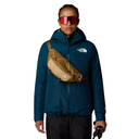 Person wearing a blue The North Face jacket with a brown bag on a white background