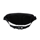 Black waist bag with reflective strip on a white background
