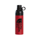 A red and black insulated water bottle with a black cap and carrying loop, featuring the black 'The North Face' logo on the front, set against a plain white background.
