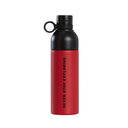 A red and black insulated water bottle with a black cap and carrying loop, featuring the vertical text 'NEVER STOP EXPLORING' in black on the red body, set against a plain white background.