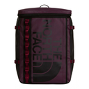 The North Face backpack in a deep plum purple and black colorway, featuring a vertical wavy burgundy stripe on the left side and large embossed branding on the front.