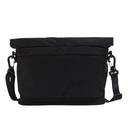 A black roll-top crossbody bag with an adjustable shoulder strap and quick-release carabiner clips, shown against a plain white background.