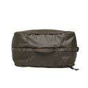 Olive green travel bag with a strap on a white background