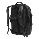 Black backpack with visible branding on a white background