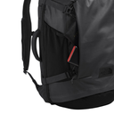 Black backpack with visible branding on a white background