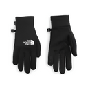 A pair of black The North Face insulated gloves shown flat against a white background, displaying both the back of the left glove with its white logo and the front of the right glove with its textured grip.